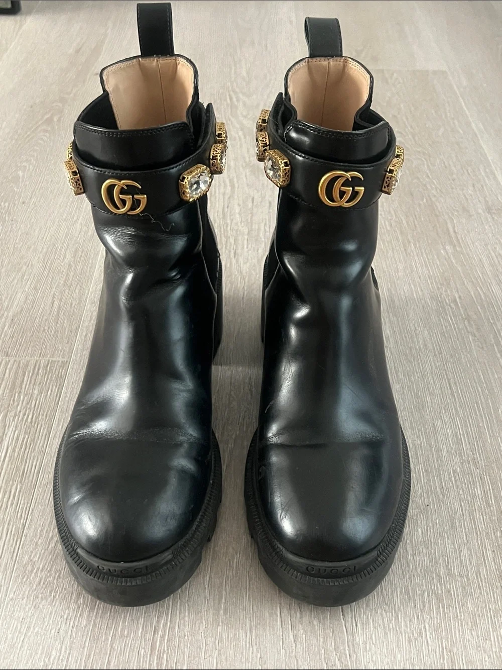 Gucci Black Leather Ankle Boots with Gold GG & Jeweled Strap